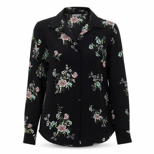 Front view of H&M women’s black floral polyester basic button-up, size UK 8, collared