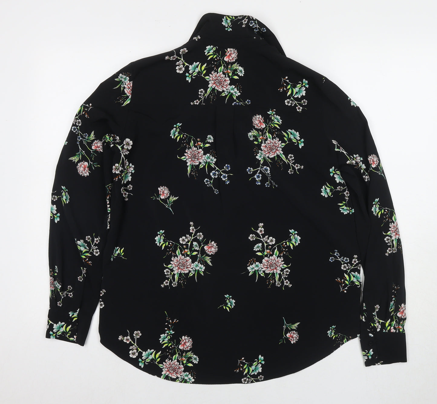 H&M Womens Black Floral Polyester Basic Button-Up Size 8 Collared