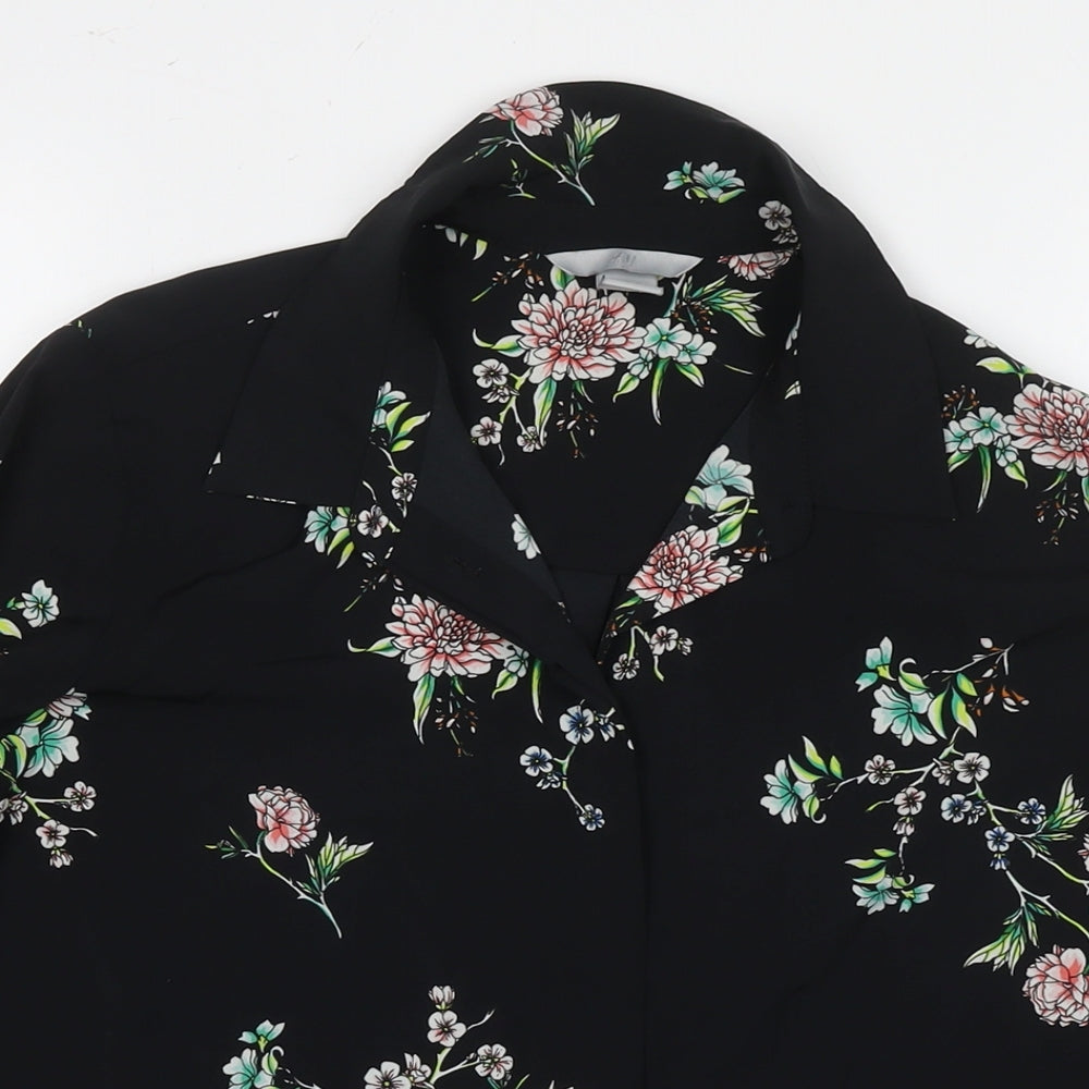 H&M Womens Black Floral Polyester Basic Button-Up Size 8 Collared