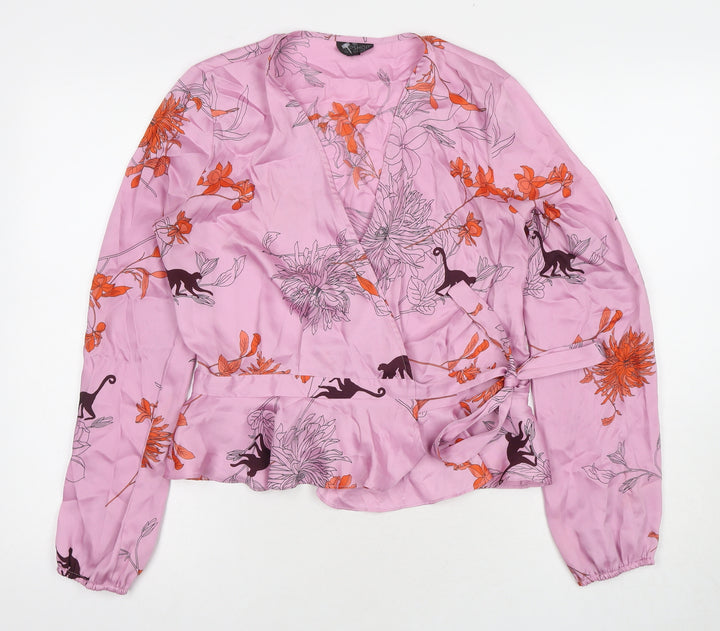 Topshop Womens Pink Floral Polyester Wrap Blouse Size 8 V-Neck