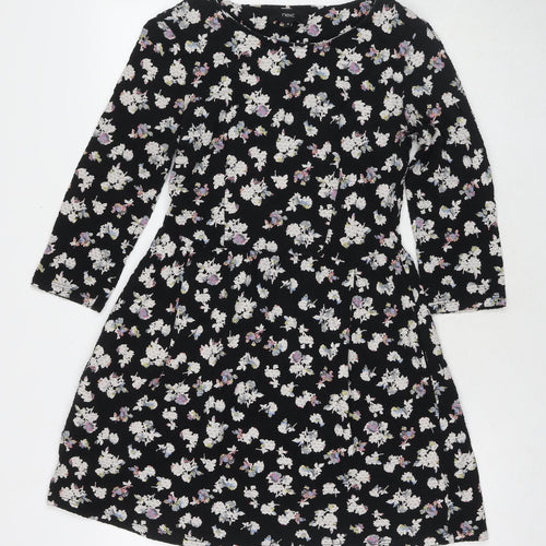 NEXT Womens Black Floral Cotton Fit & Flare Size 10 Round Neck Pullover