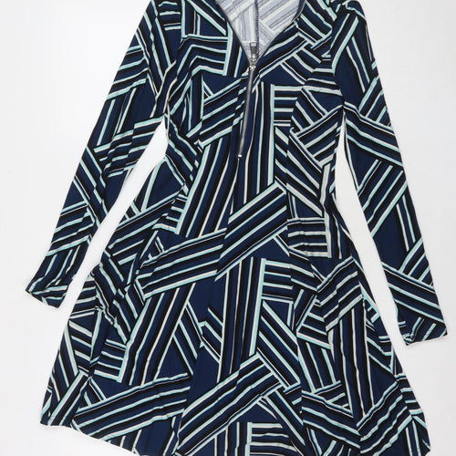 Apricot Womens Blue Geometric Polyester Fit & Flare Size XS V-Neck Pullover