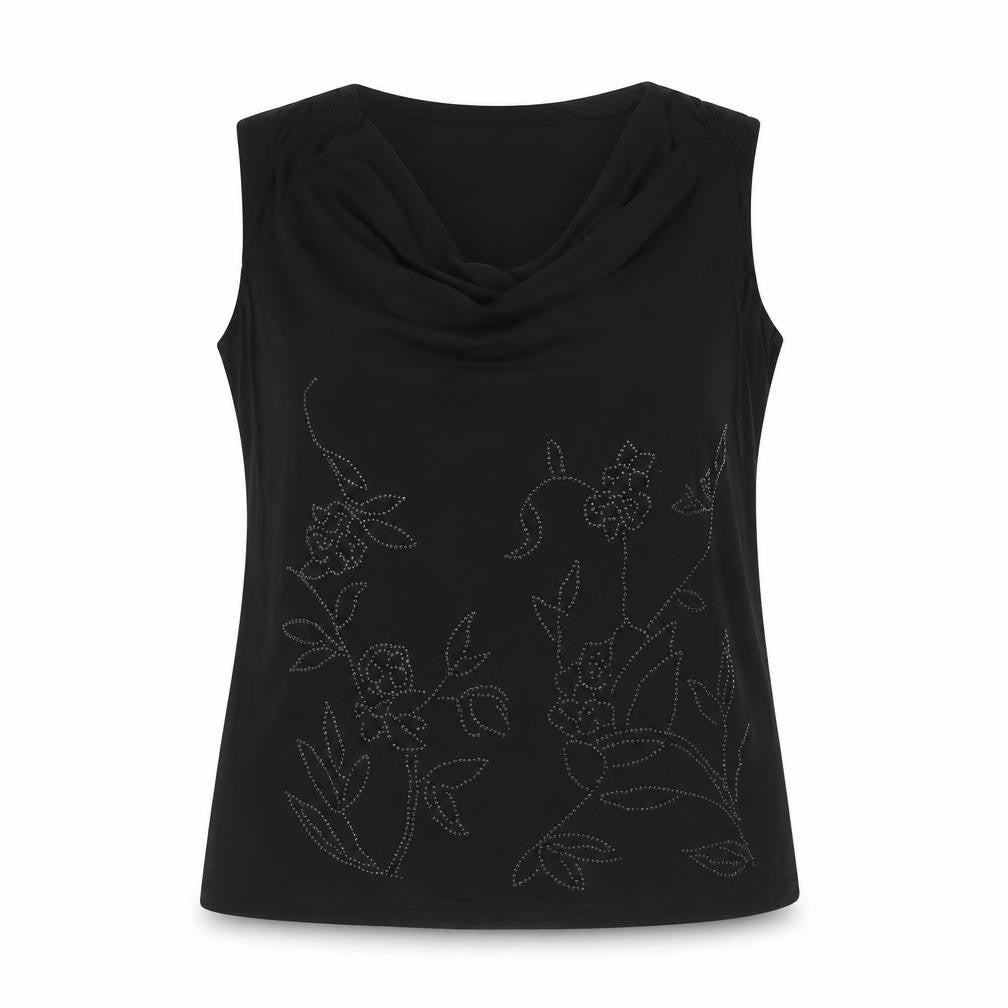 Front view of Nightingales women’s black polyester basic tank, size UK 30, round neck - beaded detail