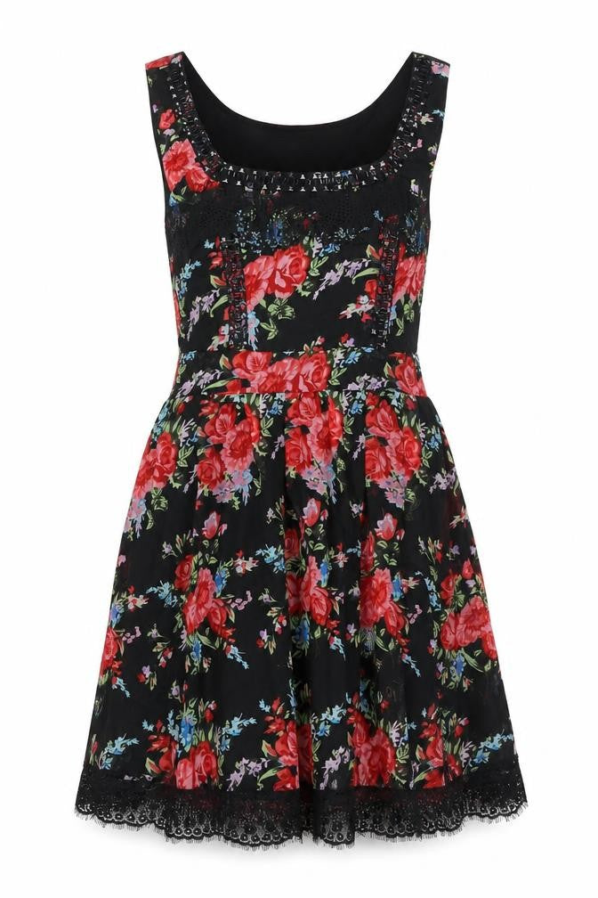 Front view of Madam Rage women’s multicoloured floral polyester fit & flare, size UK 10, scoop neck pullover