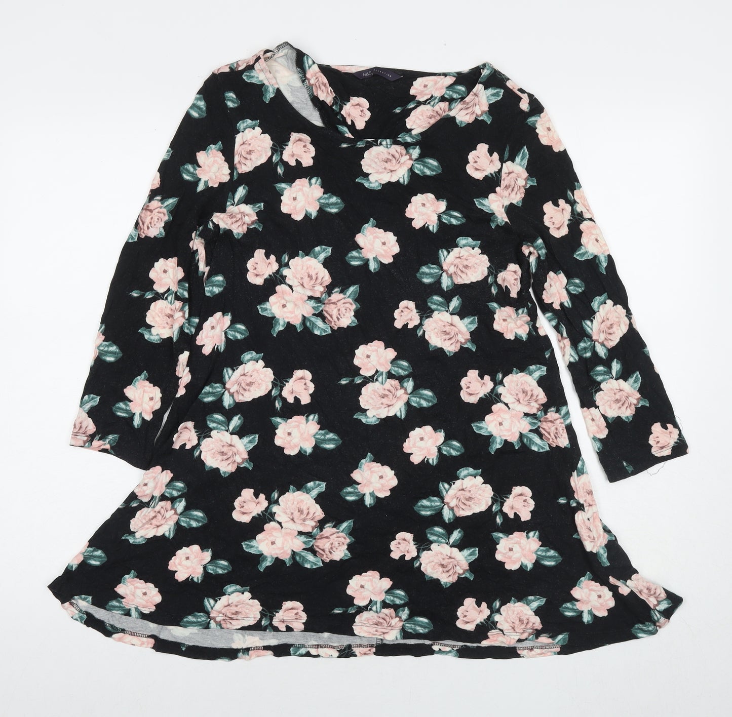 Marks and Spencer Womens Black Floral Viscose Fit & Flare Size 14 Round Neck Pullover