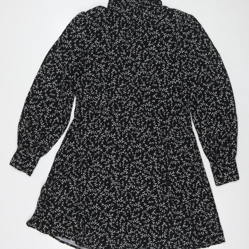 Marks and Spencer Womens Black Floral Polyester Fit & Flare Size 12 Collared Button