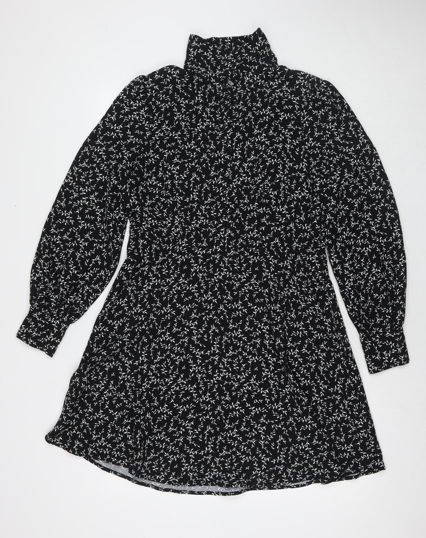 Marks and Spencer Womens Black Floral Polyester Fit & Flare Size 12 Collared Button