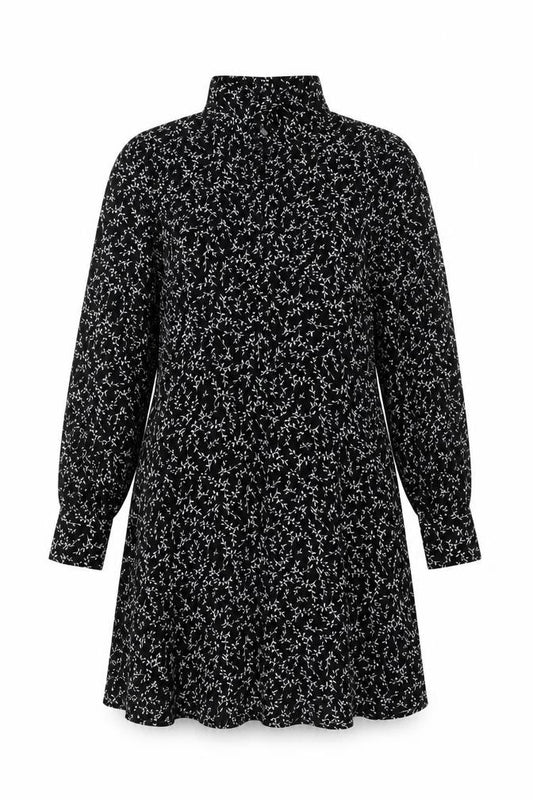 Front view of Marks & Spencer women’s black floral polyester fit & flare, size UK 12, collared button