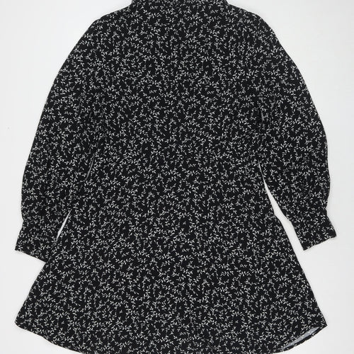 Marks and Spencer Womens Black Floral Polyester Fit & Flare Size 12 Collared Button