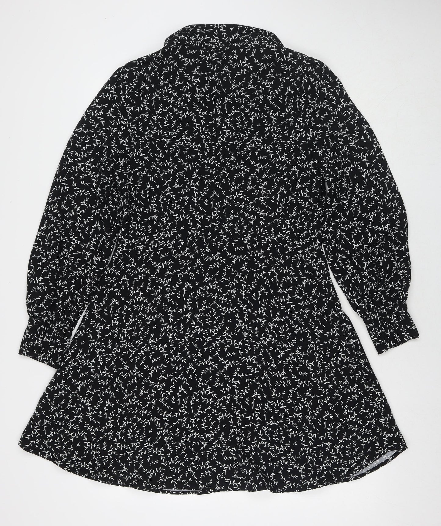 Marks and Spencer Womens Black Floral Polyester Fit & Flare Size 12 Collared Button