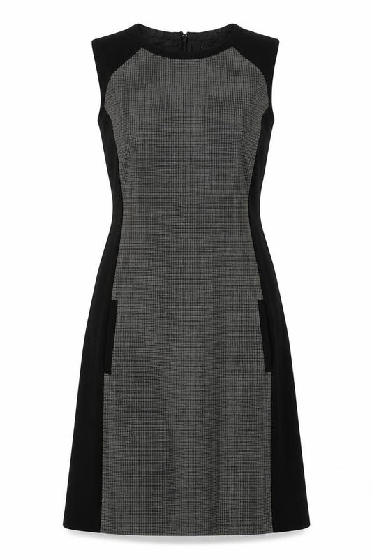 Front view of Next women’s black geometric polyester a-line, size UK 10, round neck zip