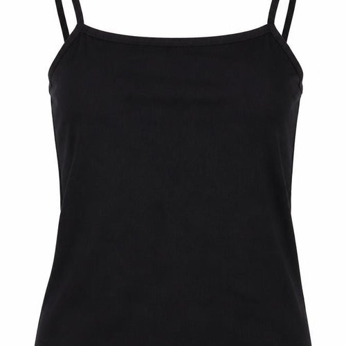 Front view of ASOS women’s black polyester basic tank, size UK 6, round neck