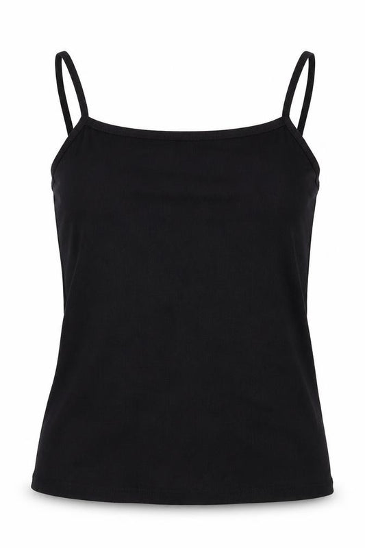 Front view of ASOS women’s black polyester basic tank, size UK 6, round neck
