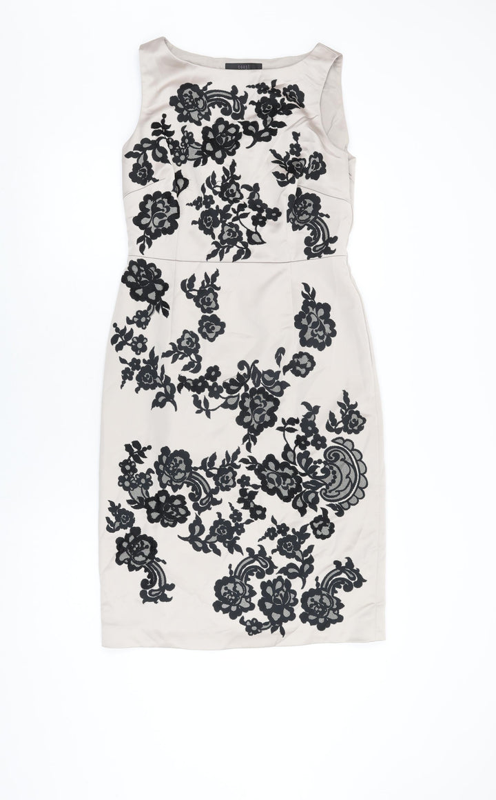 Coast Womens Beige Floral Polyester Bodycon Size 12 Boat Neck Zip