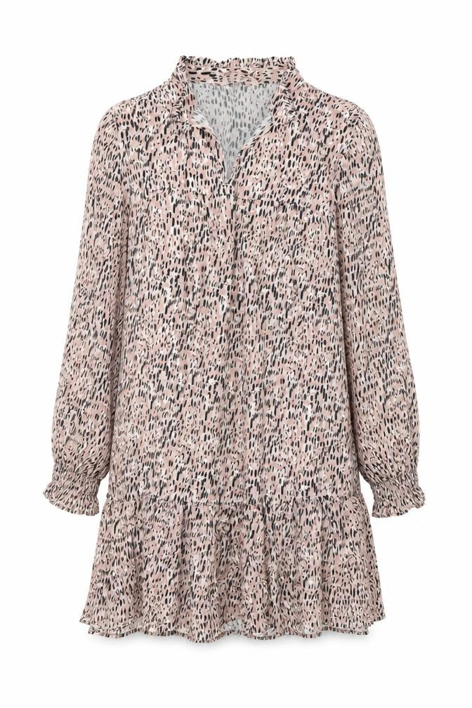 Front view of Next women’s pink geometric viscose shift, size UK 12, v-neck pullover