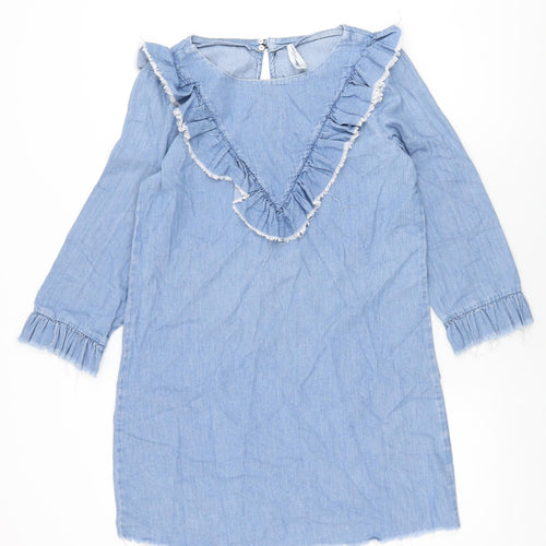 Zara Womens Blue Cotton Shift Size M Round Neck Button