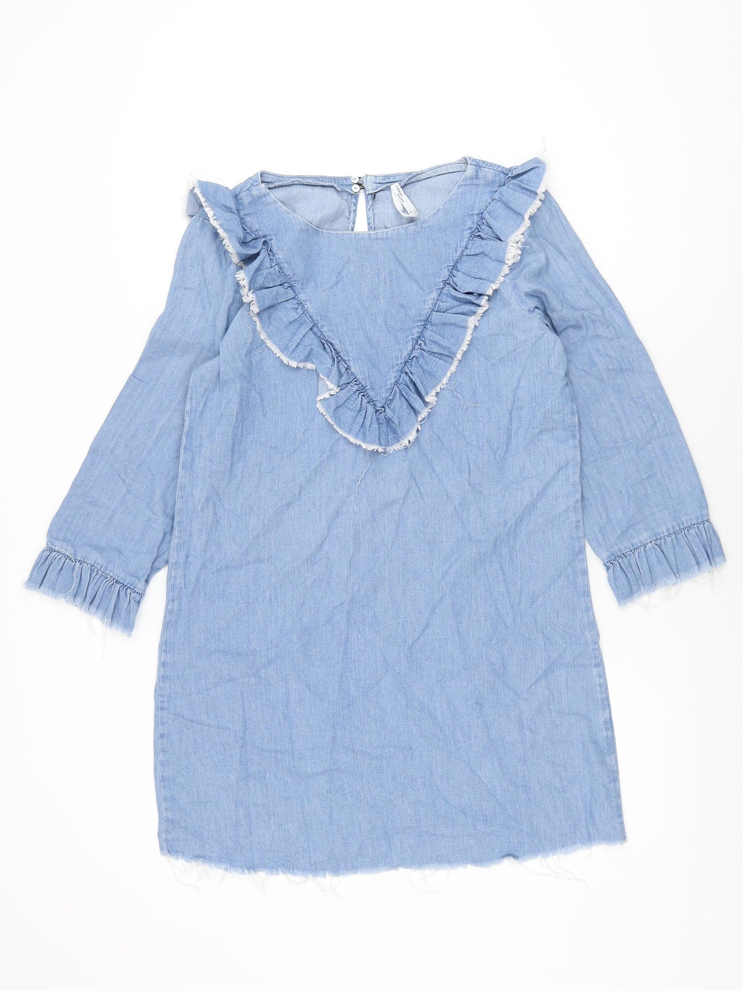 Zara Womens Blue Cotton Shift Size M Round Neck Button