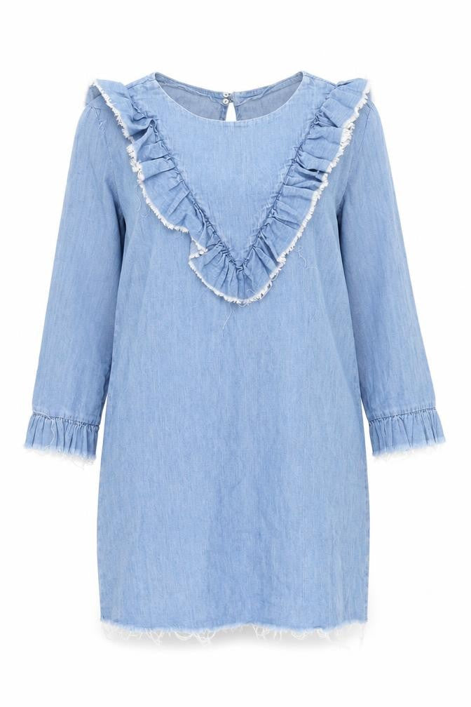 Front view of Zara women’s blue cotton shift, size M, round neck button