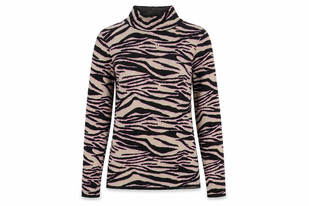 Front view of River Island women’s beige animal print polyamide basic t-shirt, size UK 10, high neck