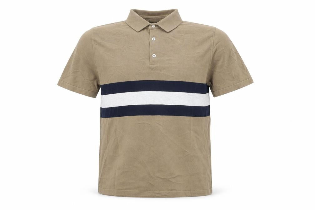 Front view of Next men’s beige polyester polo, size S, collared button