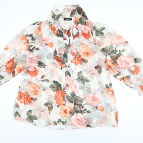 Zuppe Womens White Floral Polyester Basic Blouse Size M Round Neck - Size M/L