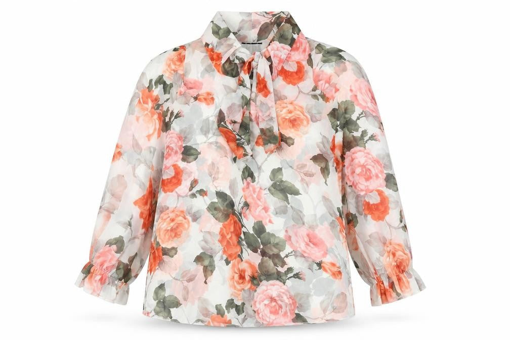 Front view of Zuppe women’s white floral polyester basic blouse, size M, round neck -, size M/l