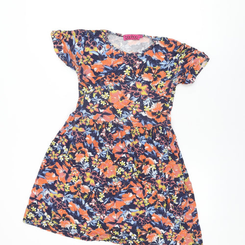 Boohoo Womens Blue Floral Viscose Skater Dress Size 10 Round Neck Pullover