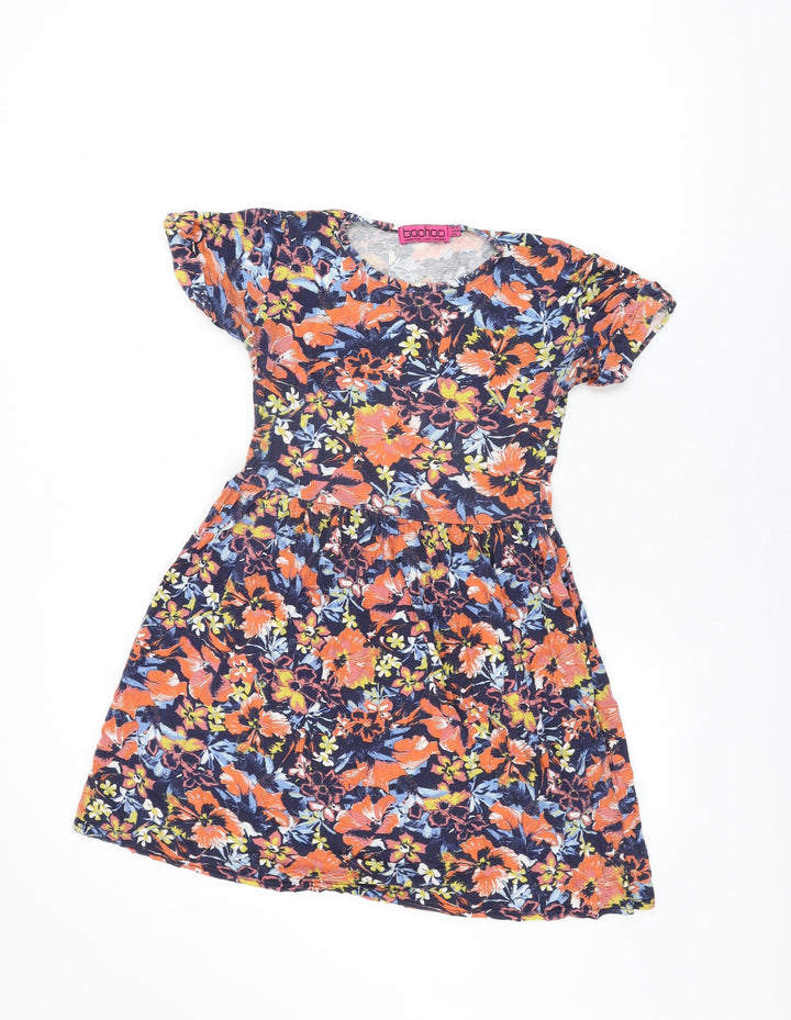 Boohoo Womens Blue Floral Viscose Skater Dress Size 10 Round Neck Pullover