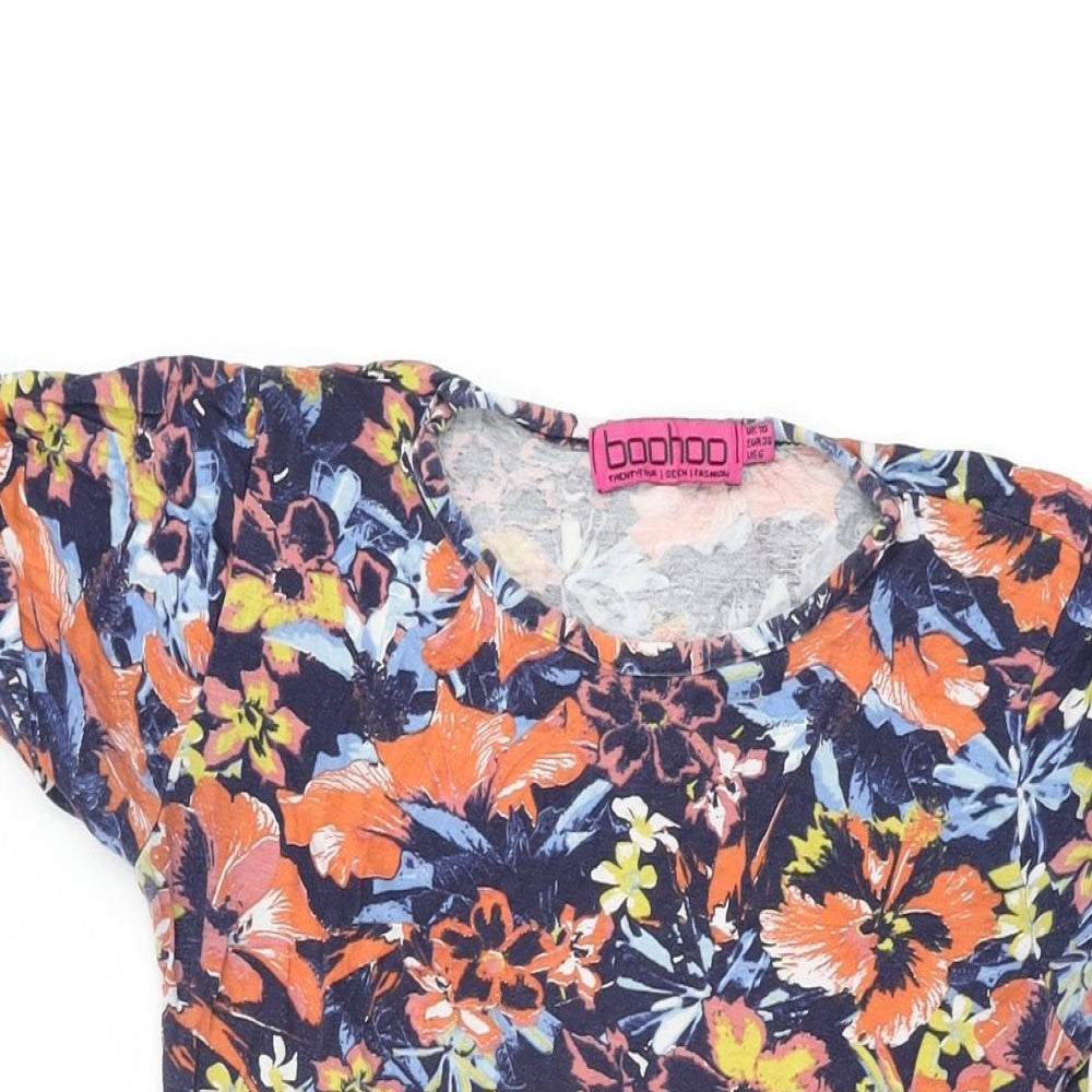 Boohoo Womens Blue Floral Viscose Skater Dress Size 10 Round Neck Pullover