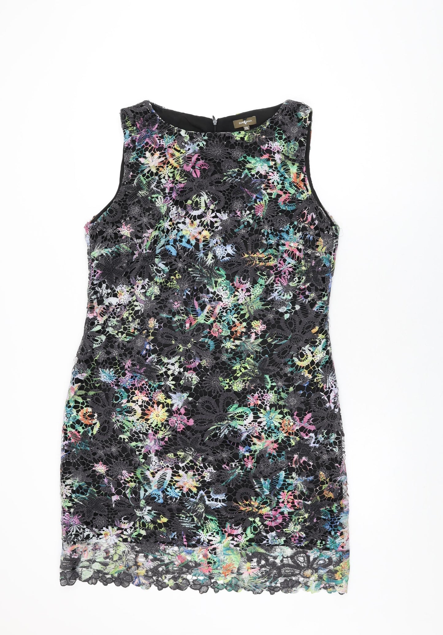 Surkana Womens Black Floral Polyester Shift Size 2XL Boat Neck Zip