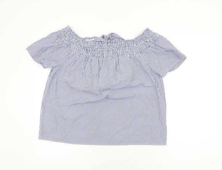 Dorothy Perkins Womens Blue Striped Polyester Basic T-Shirt Size 14 Off the Shoulder