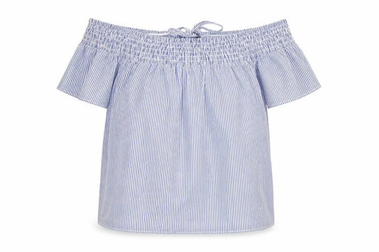Front view of Dorothy Perkins women’s blue striped polyester basic t-shirt, size UK 14, off the shoulder