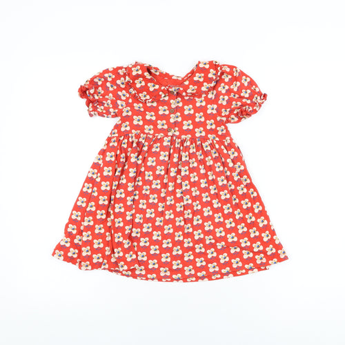 NEXT Girls Red Floral Cotton A-Line Size 3-4 Years Collared Button