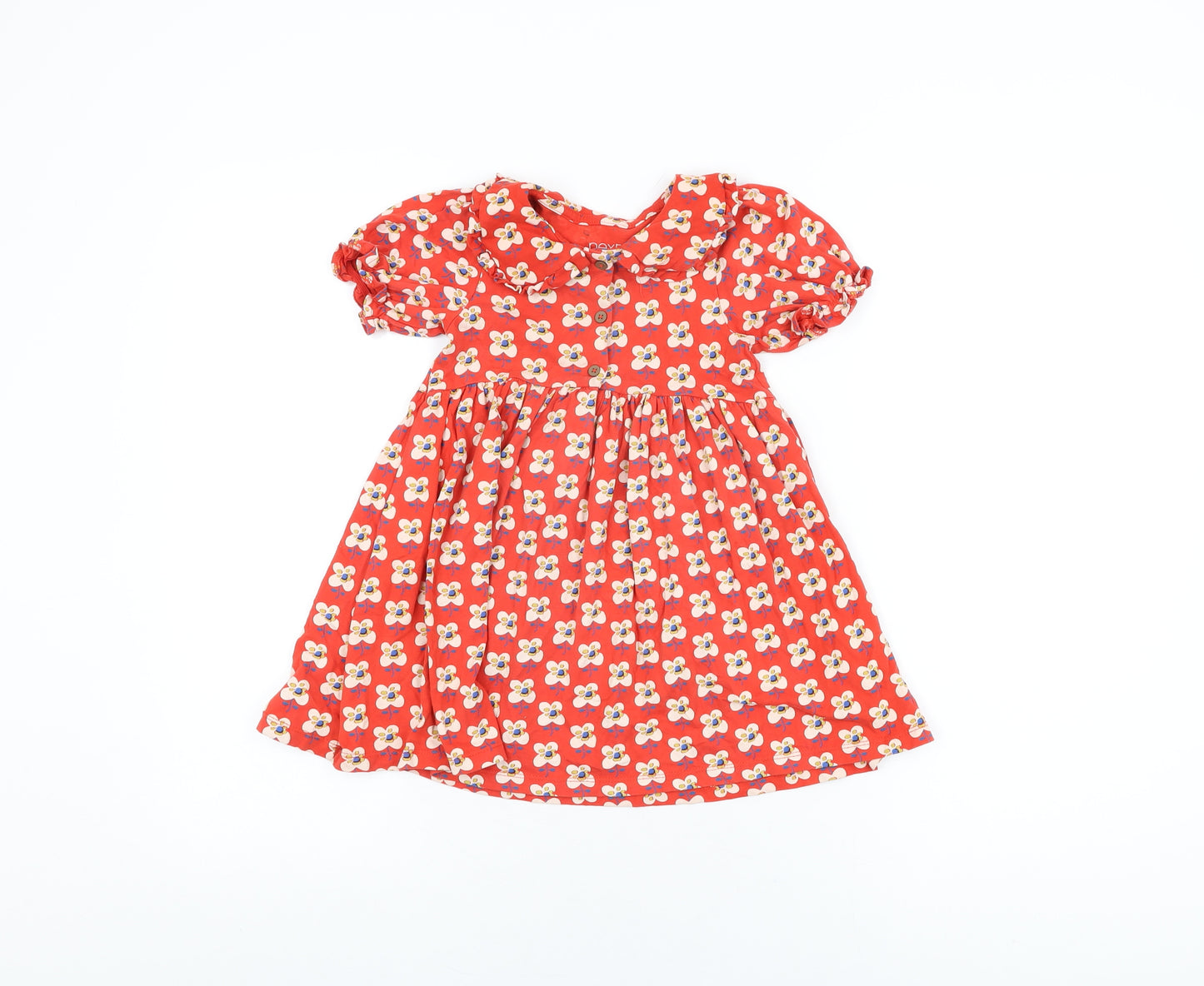 NEXT Girls Red Floral Cotton A-Line Size 3-4 Years Collared Button