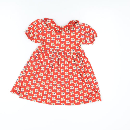 NEXT Girls Red Floral Cotton A-Line Size 3-4 Years Collared Button