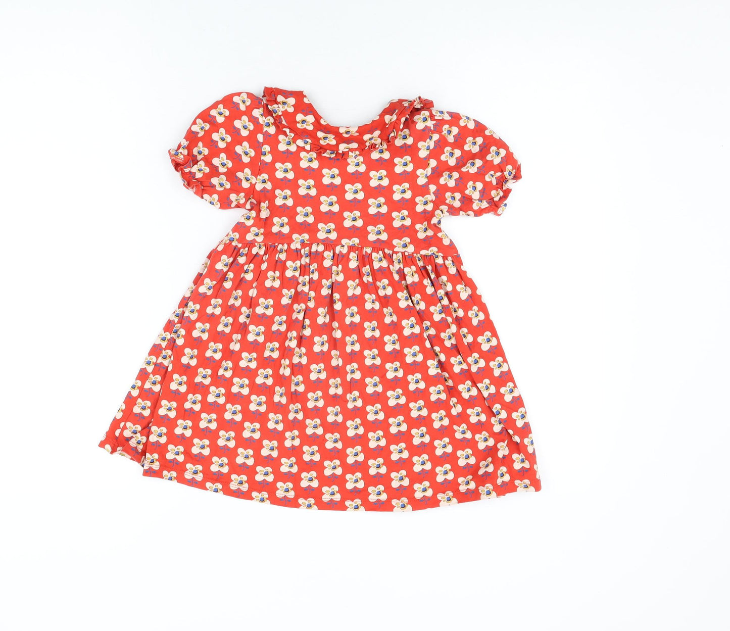 NEXT Girls Red Floral Cotton A-Line Size 3-4 Years Collared Button