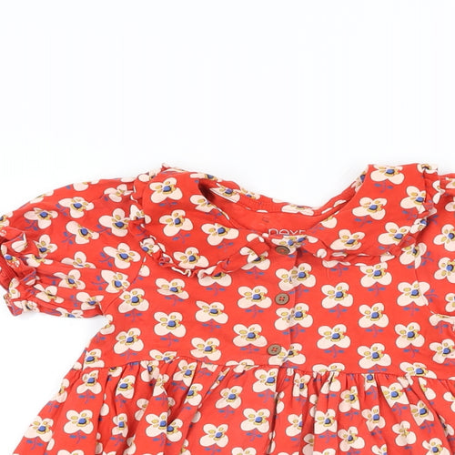 NEXT Girls Red Floral Cotton A-Line Size 3-4 Years Collared Button