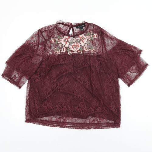 New Look Womens Red Floral Nylon Basic T-Shirt Size 16 Round Neck