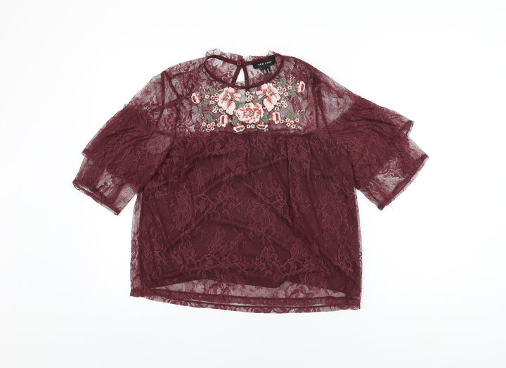 New Look Womens Red Floral Nylon Basic T-Shirt Size 16 Round Neck