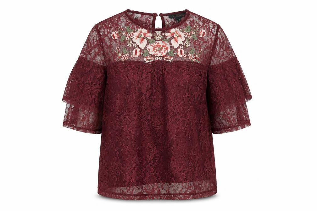 Front view of New Look women’s red floral nylon basic t-shirt, size UK 16, round neck