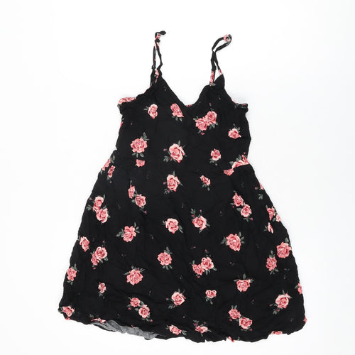 H&M Womens Black Floral Viscose Mini Size 10 V-Neck Pullover