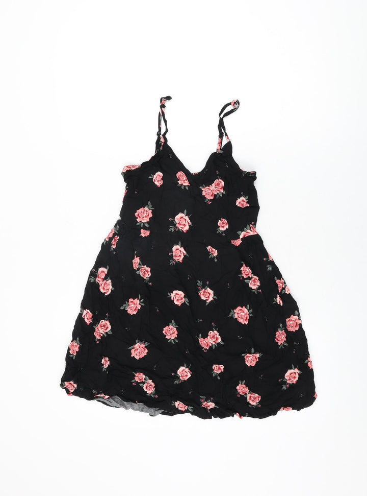 H&M Womens Black Floral Viscose Mini Size 10 V-Neck Pullover