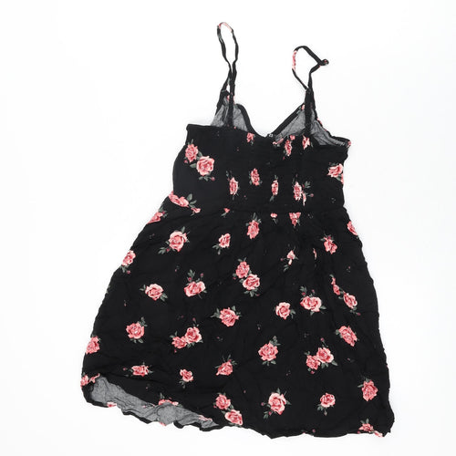 H&M Womens Black Floral Viscose Mini Size 10 V-Neck Pullover