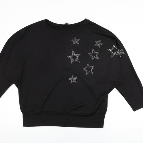 New Look Womens Black Geometric Polyester Basic T-Shirt Size L Round Neck