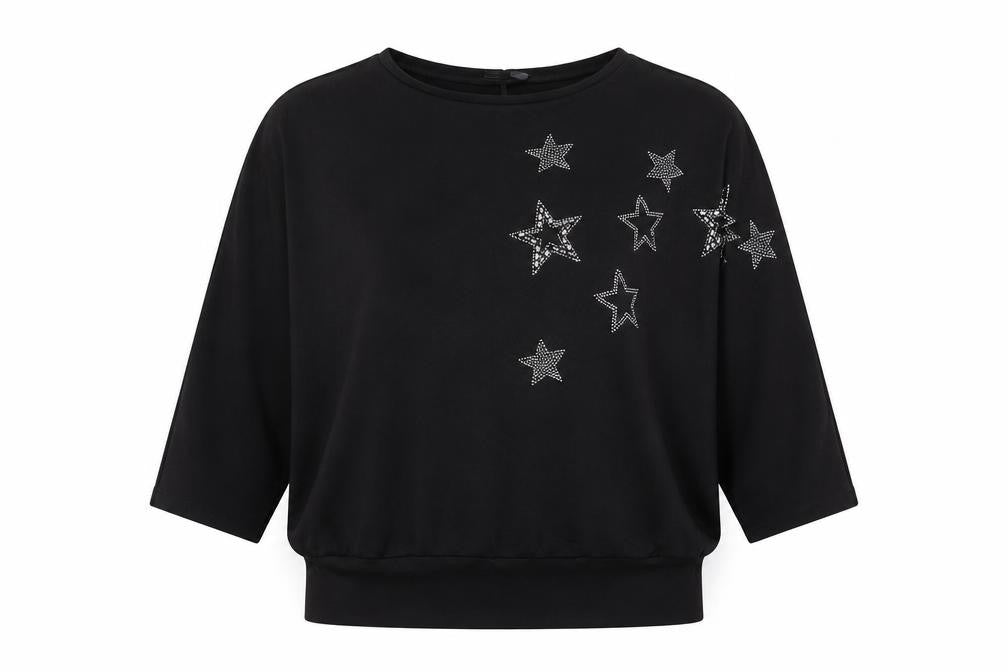 Front view of New Look women’s black geometric polyester basic t-shirt, size L, round neck