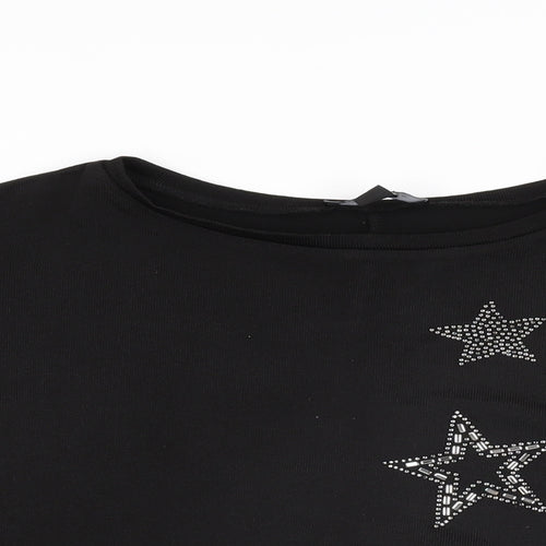New Look Womens Black Geometric Polyester Basic T-Shirt Size L Round Neck
