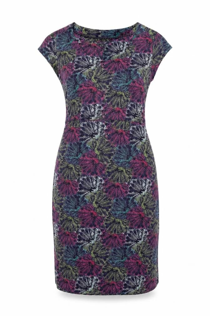 Front view of Mistral women’s blue geometric cotton shift, size UK 8, round neck pullover