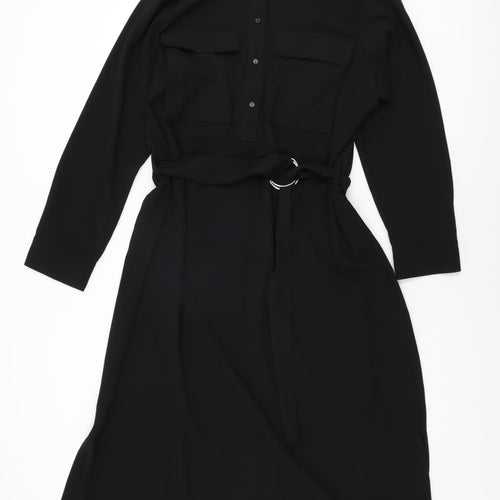 Marks and Spencer Womens Black Polyester Shift Size 18 Collared Button