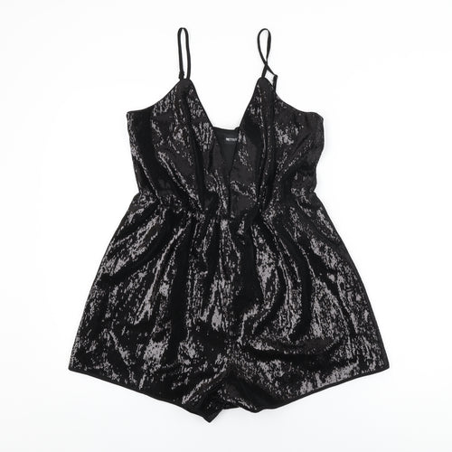 PRETTYLITTLETHING Womens Black Polyester Playsuit One-Piece Size 14 L3 in Pullover