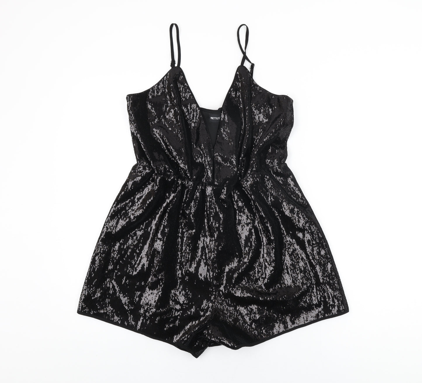 PRETTYLITTLETHING Womens Black Polyester Playsuit One-Piece Size 14 L3 in Pullover